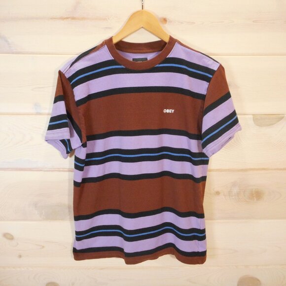 Obey Mens Size Small Striped Short Sleeve T-shirt Multicolored Cotton - Picture 1 of 9